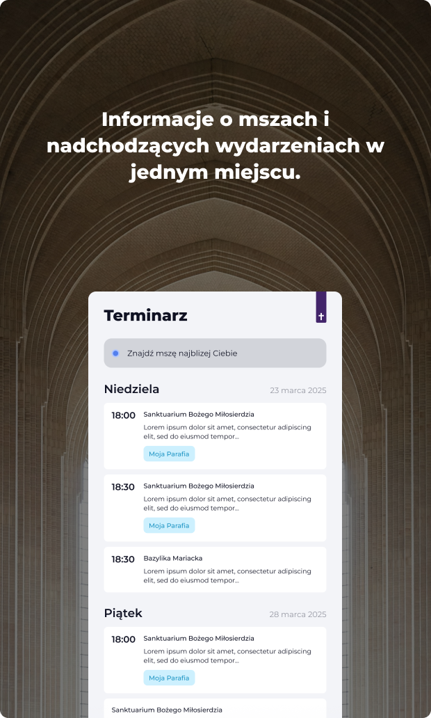 Informacje o mszach i nadchodzących wydarzeniach w jednym miejscu.
